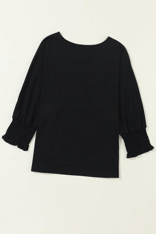 Black Plain Smocked 3/4 Sleeve Casual Loose T Shirt - Rebel Chics