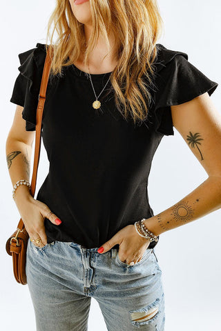 Black Plain Tiered Ruffle Casual Round Neck T Shirt - Rebel Chics