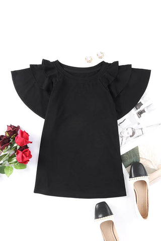 Black Plain Tiered Ruffle Casual Round Neck T Shirt - Rebel Chics