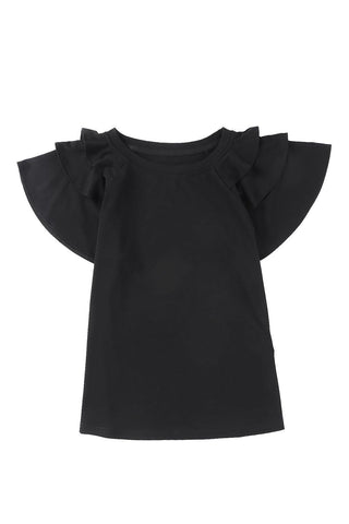 Black Plain Tiered Ruffle Casual Round Neck T Shirt - Rebel Chics