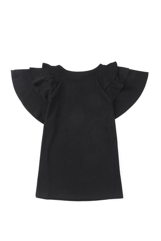 Black Plain Tiered Ruffle Casual Round Neck T Shirt - Rebel Chics