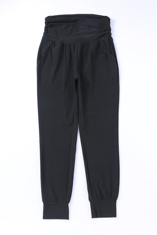 Black Pleated Casual Pocket High Waisted Leggings - Rebel Chics