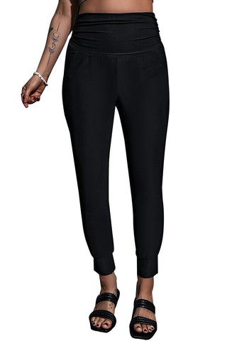 Black Pleated Casual Pocket High Waisted Leggings - Rebel Chics