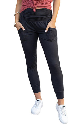 Black Pleated Casual Pocket High Waisted Leggings - Rebel Chics