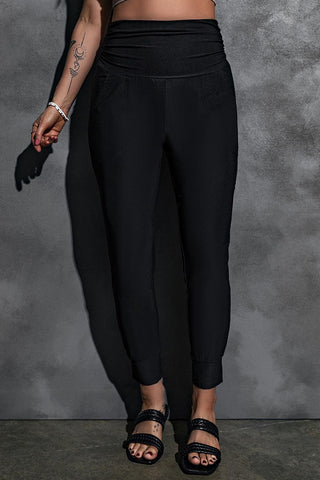 Black Pleated Casual Pocket High Waisted Leggings - Rebel Chics