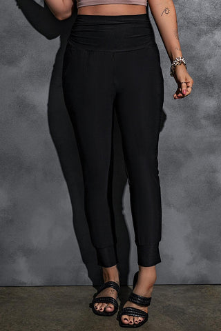 Black Pleated Casual Pocket High Waisted Leggings - Rebel Chics