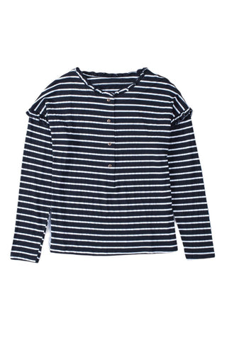 Black Striped Snap Button Casual Long Sleeve Henley Shirt - Rebel Chics