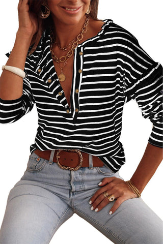 Black Striped Snap Button Casual Long Sleeve Henley Shirt - Rebel Chics