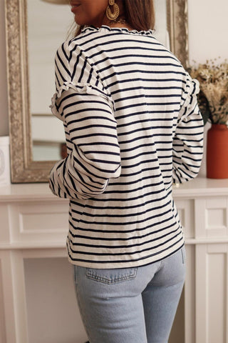 Black Striped Snap Button Casual Long Sleeve Henley Shirt - Rebel Chics