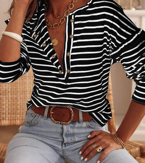 Black Striped Snap Button Casual Long Sleeve Henley Shirt - Rebel Chics