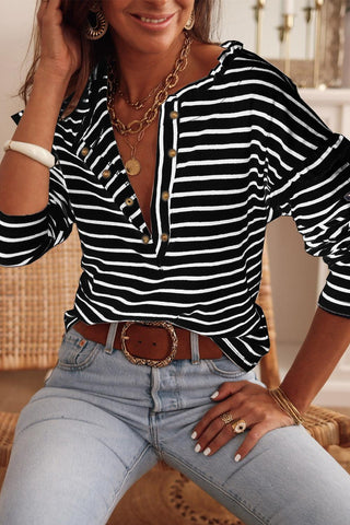 Black Striped Snap Button Casual Long Sleeve Henley Shirt - Rebel Chics