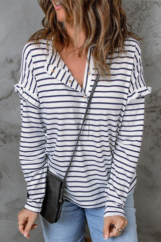 Black Striped Snap Button Casual Long Sleeve Henley Shirt - Rebel Chics