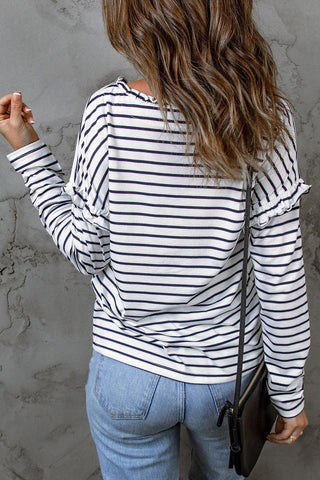 Black Striped Snap Button Casual Long Sleeve Henley Shirt - Rebel Chics