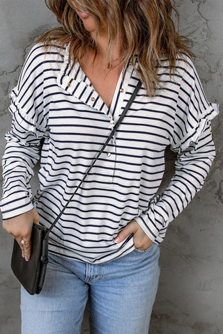 Black Striped Snap Button Casual Long Sleeve Henley Shirt - Rebel Chics