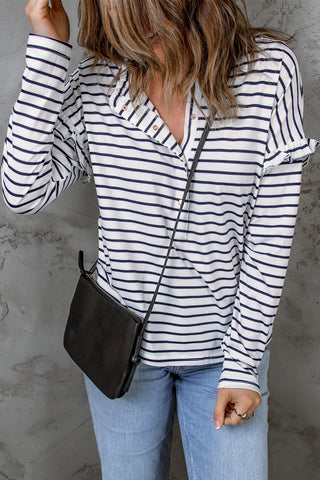 Black Striped Snap Button Casual Long Sleeve Henley Shirt