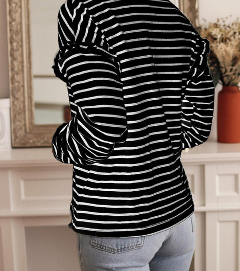 Black Striped Snap Button Casual Long Sleeve Henley Shirt - Rebel Chics