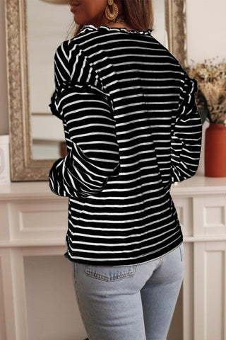 Black Striped Snap Button Casual Long Sleeve Henley Shirt - Rebel Chics