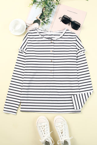 Black Striped Snap Button Casual Long Sleeve Henley Shirt