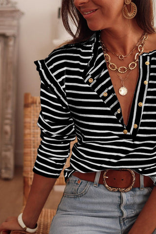 Black Striped Snap Button Casual Long Sleeve Henley Shirt - Rebel Chics