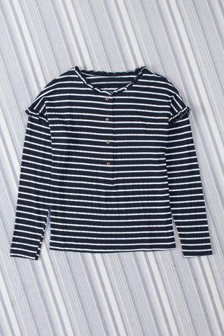 Black Striped Snap Button Casual Long Sleeve Henley Shirt - Rebel Chics