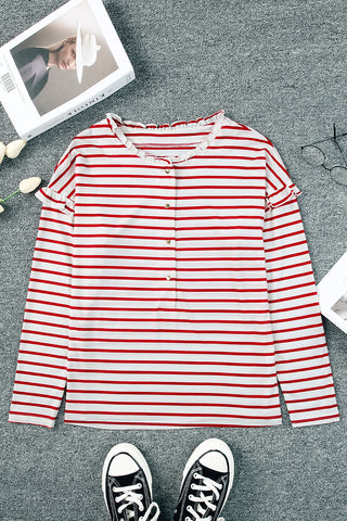 Black Striped Snap Button Casual Long Sleeve Henley Shirt