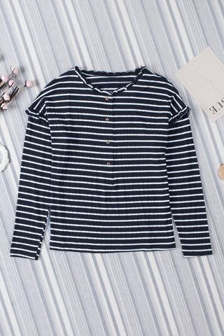 Black Striped Snap Button Casual Long Sleeve Henley Shirt - Rebel Chics