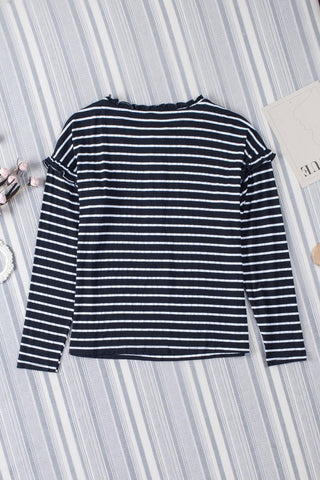 Black Striped Snap Button Casual Long Sleeve Henley Shirt - Rebel Chics