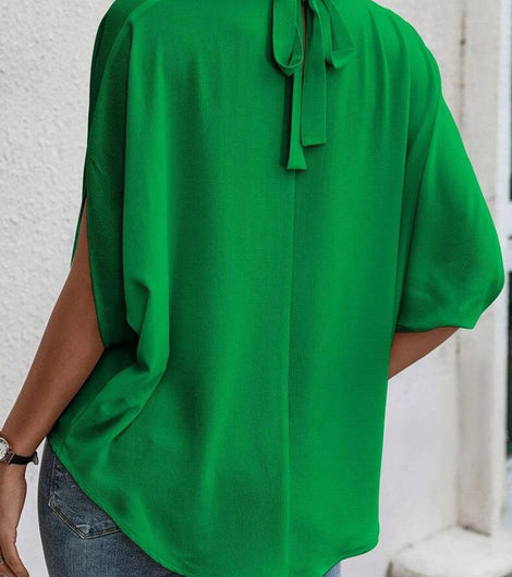 Bright Green Solid Color Batwing Sleeve Knotted Blouse - Rebel Chics