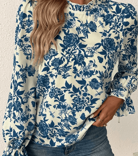 Printed Mock Neck Flounce Sleeve Blouse