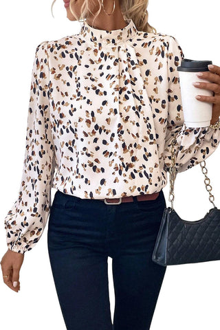 White Leopard Print Puff Sleeve Mock Neck Pleated Blouse