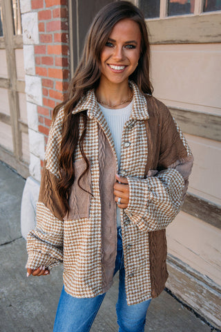 Khaki Houndstooth Textured Patchwork Loose Shacket