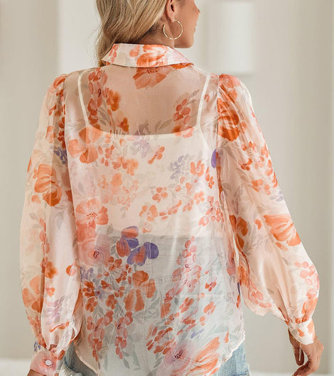 White Floral Print Buttoned Balloon Sleeve Loose Shirt