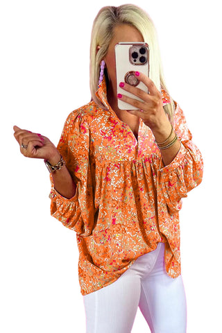 Orange Abstract Print Loose Fit Collared V Neck Babydoll Blouse