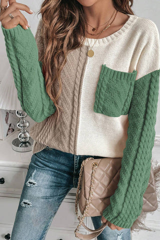 Vineyard Green Colorblock Pocket Drop Shoulder Sweater