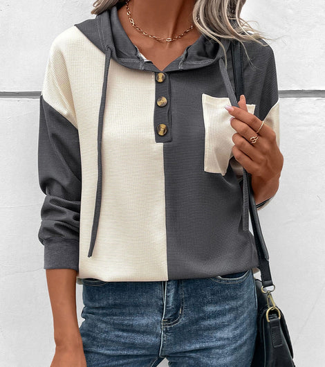 Dark Grey Waffle Colorblock Button Drawstring Hoodie