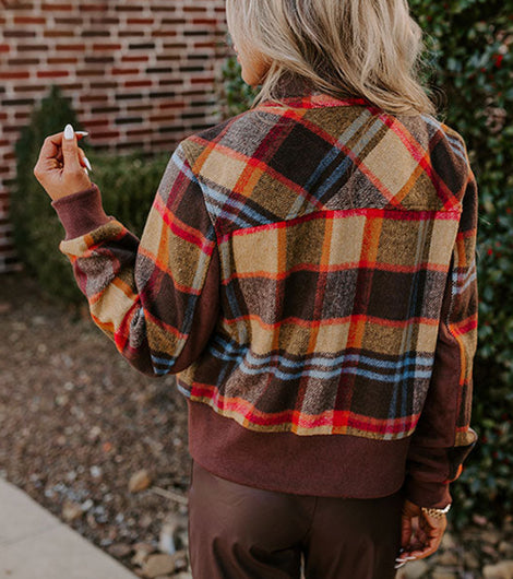 Brown Checkered Print Chest Pockets Button Zipper Stand Neck Jacket