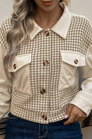 Khaki Houndstooth Patch Pocket Cropped Jacket