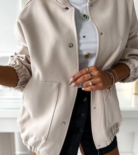 Beige Snap Button Pocketed Bomber Jacket