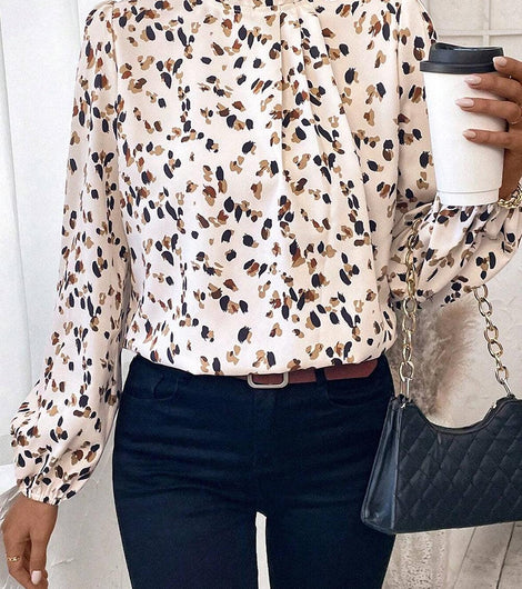 White Leopard Print Puff Sleeve Mock Neck Pleated Blouse