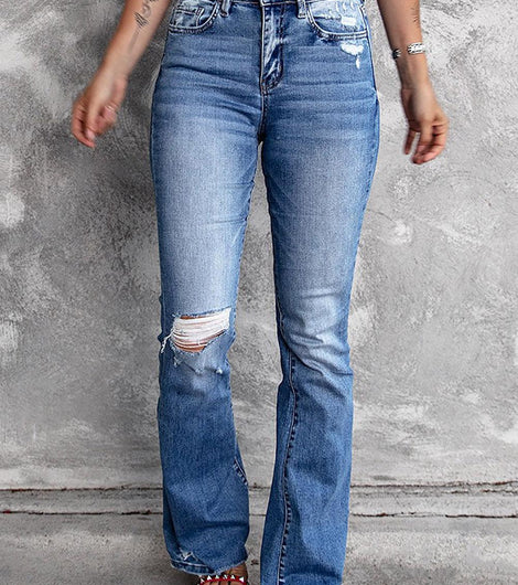 Dark Blue Ripped Raw Hem High Waist Flare Jeans - Rebel Chics