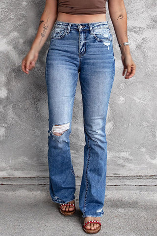 Dark Blue Ripped Raw Hem High Waist Flare Jeans - Rebel Chics