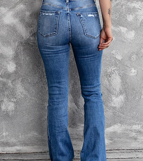 Dark Blue Ripped Raw Hem High Waist Flare Jeans - Rebel Chics