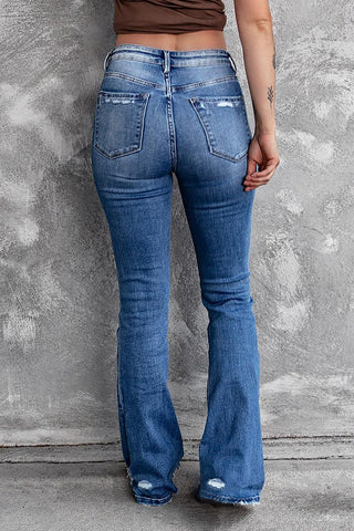 Dark Blue Ripped Raw Hem High Waist Flare Jeans - Rebel Chics