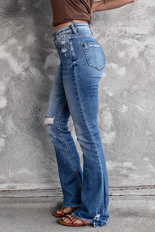 Dark Blue Ripped Raw Hem High Waist Flare Jeans - Rebel Chics