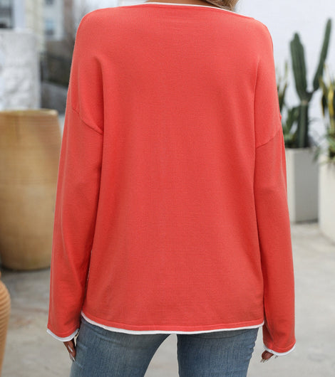 Mandy Contrast Trim Round Neck Long Sleeve Sweater