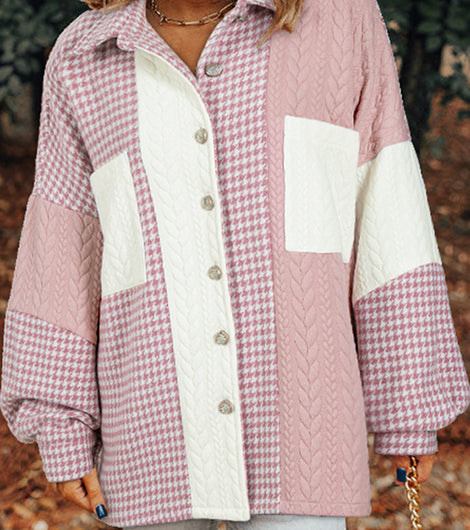 Pink Houndstooth Textured Patchwork Loose Shacket