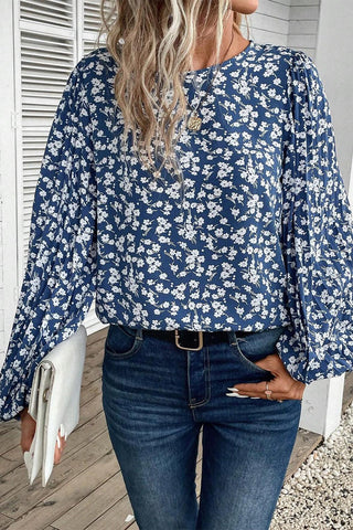 Blue Ditsy Floral Print Lantern Sleeve Blouse