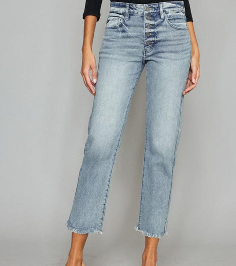 Kancan High Waist Button Fly Raw Hem Cropped Straight Jeans