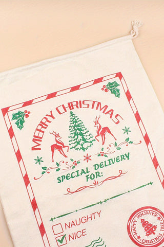 White Christmas Tree and Reindeer Drawstring Gift Bag