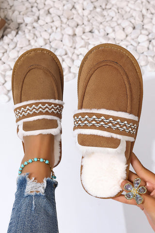 Gray Suede Wavy Striped Plush Lined Home Slippers